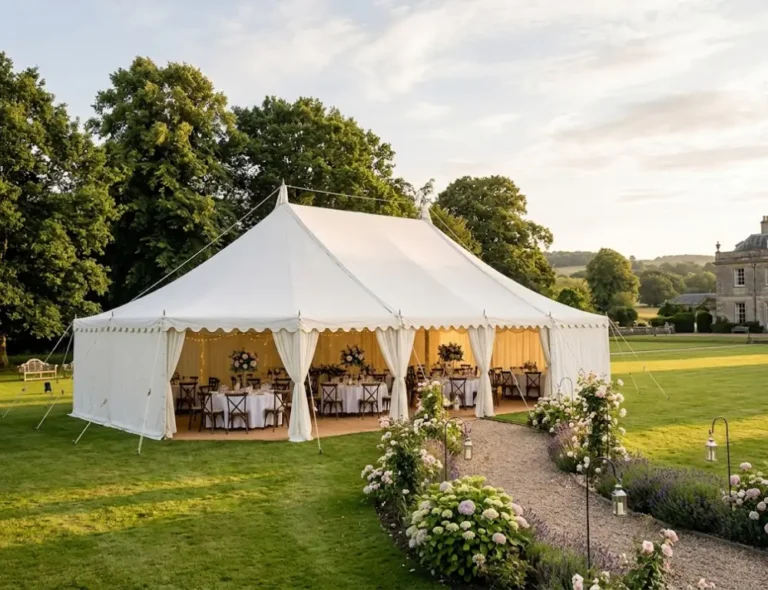 White wedding marquee hire set up on a lawn surrounded by lush gardens and trees