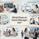 The Multifaceted roles of an Event Manager, including client consultation, budgeting, vendor coordination, post-event evaluation, problem-solving, and on-site supervision.