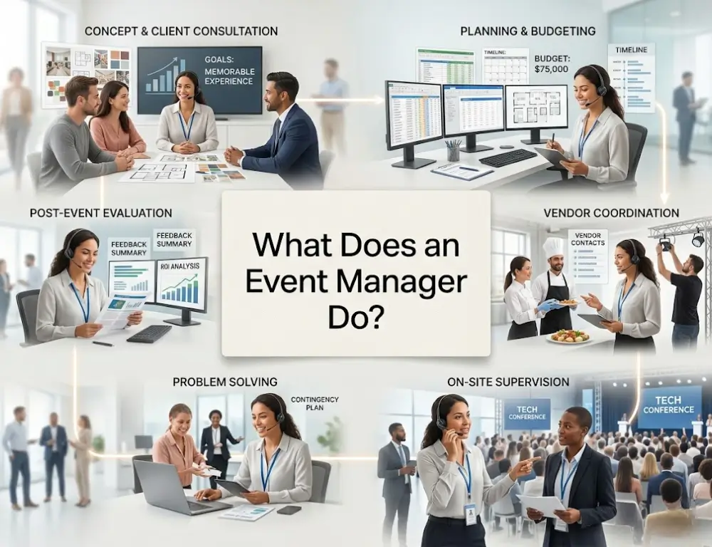The Multifaceted roles of an Event Manager, including client consultation, budgeting, vendor coordination, post-event evaluation, problem-solving, and on-site supervision.